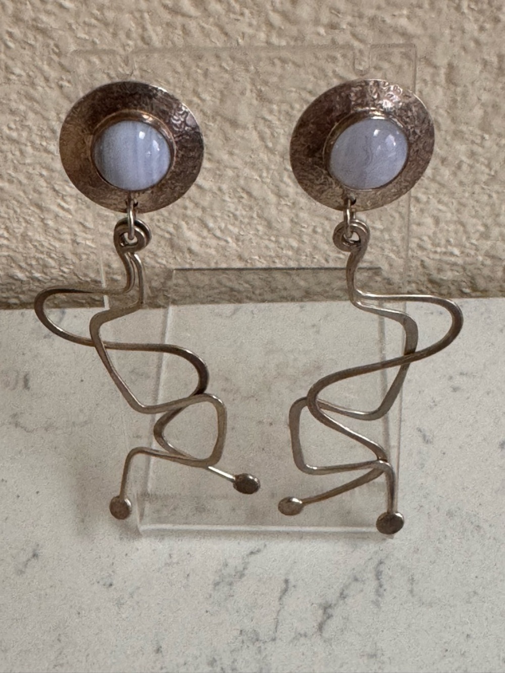 Abstract Sterling Silver Dangle Earrings with Blue Lace Agate Cabochons Vintage!